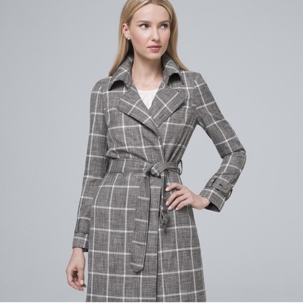 White House Black Market Plaid Belted Trench Coat
